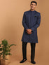 Vastramay Men's Navy Blue Solid Silk Blend Indo Western With Black Pant Set